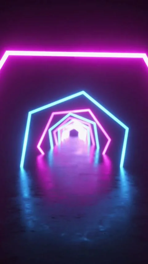 Moving forward through blue and pink neon hexagon tunnel Stock Footage 334184421