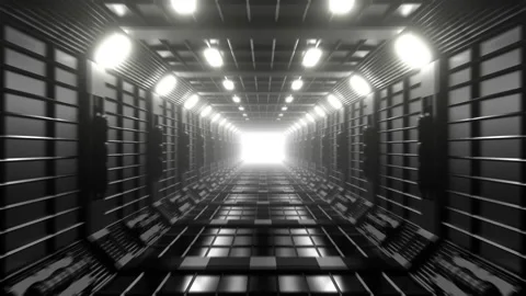 Moving forward through futuristic endless tunnel or corridor. 3D Render Stockbeeldmateriaal 142764728