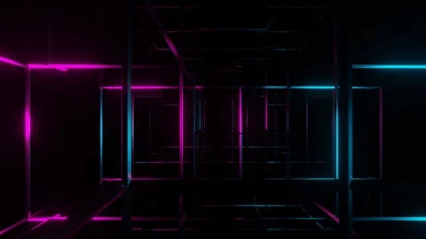 Moving forward through a metal cubic frame illuminated with purple and blue ligh Video stock 262604208