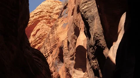 Moving Forward Through Mysterious Cave In Slot Canyon With Red Wave Smooth Rocks Stock-Footage 237082450