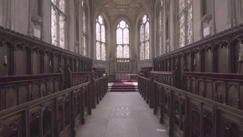 Moving forward through small chapel church cathedral in England stained glass Stock-Footage 147362405