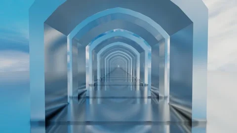 Moving forward through a tunnel of glossy arches against a blue sky with white c Stock Footage 308806054