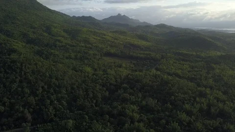 Moving forward to tropical forest lake and mountain valley with sun flare in  Stock Footage 129721069