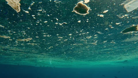 Moving forward underwater, beneath water surface covered with layer of grease Stock Footage 331107154