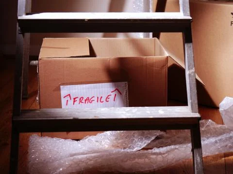 Moving fragile items with cardboard boxes and bubble wrap Stock Illustration