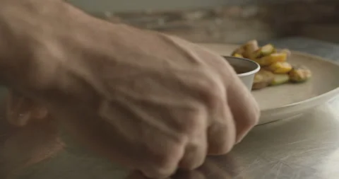 Moving frame like hands twisting plate of ready-made beef steak with vegetables Stock Footage 103683936