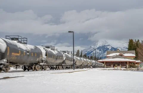 Moving Freight Train at Banff Stock Photos