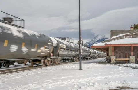 Moving Freight Train at Banff Train Station Stock Photos