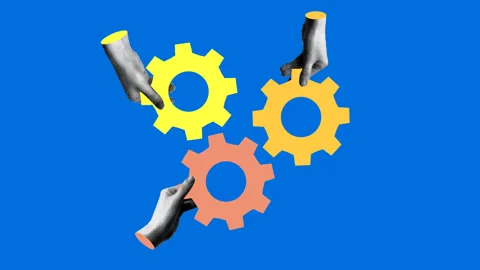 Moving gears in halftone hands. Teamwork concept. Animated collage Stock Footage 331925646