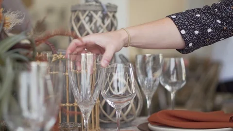 Moving Glasses Around on Dinner Table / Wedding Reception Stock Footage 121010052