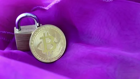Moving glitter over bitcoin on purple background with padlock Stock Footage 133424775