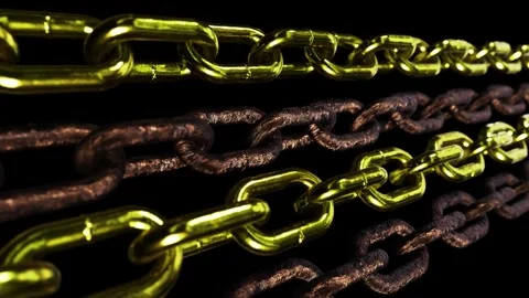 Moving gold chains and rusty weathered steel chains rendered in UHD Stock Footage 265980812