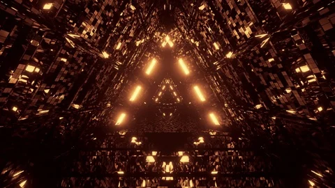 Moving into golden yellow illuminated triangular shape space tunnel with Stock Footage 125923354