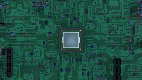 Moving to the Great Circuit Board with the Main Processor in the Center. 3d Video stock 90331483