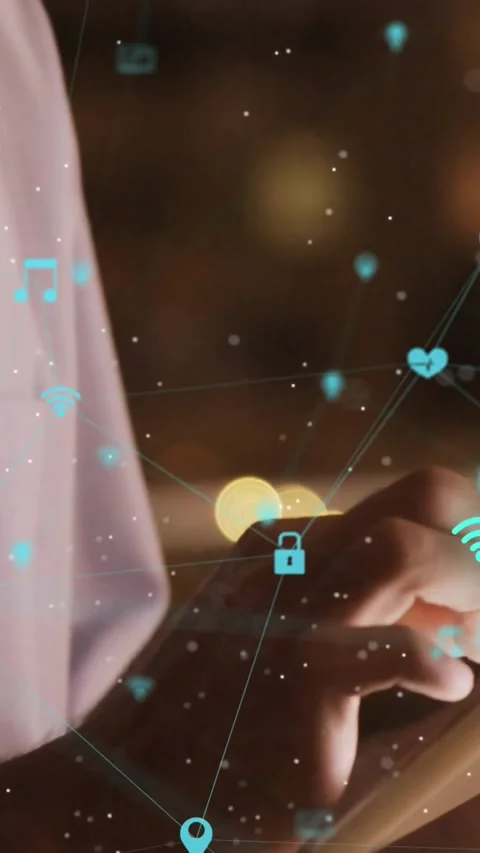 Moving hands forward, tapping and swiping device at night, exploring apps with Stock Footage 330333103