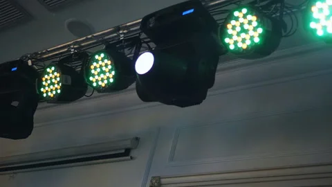 Moving heads, Intelligent stage lighting shine in green and magenta beam Stock Footage 116893545