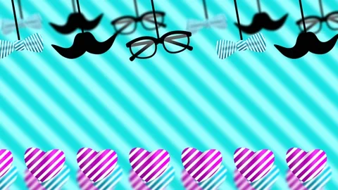 Moving heart shape, Swinging muchtech, goggles and bow tie on blue stripes .. Video stock 232228419