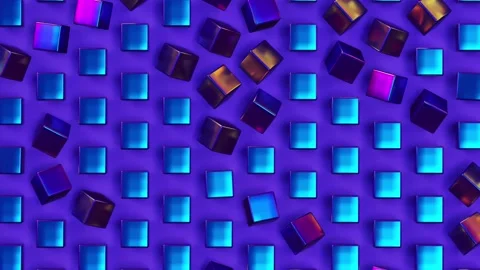 Moving holographic blue cubes on violet background, trendy 3d looping animation Stock Footage 159307604