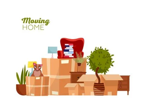 Moving home. Moving with boxes to new house. Pile of stacked cardboard boxes  イラスト素材