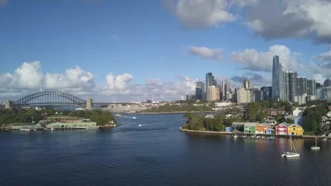 Moving horizontal view of Sydney cityscape and boats on sunny day 4K Stock Footage 276150062