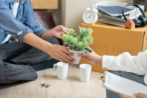 Moving house, relocation. Couple help set and move furniture for new apartm.. Foto stock