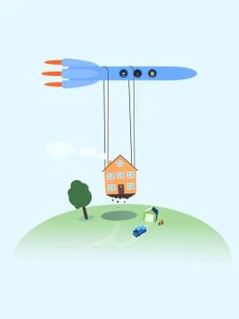 Moving House rocket relocating refugees transportation company traveling flat Stock Illustration