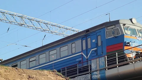 Moving hydraulic soviet electric train with old cars Stock Footage 90281158