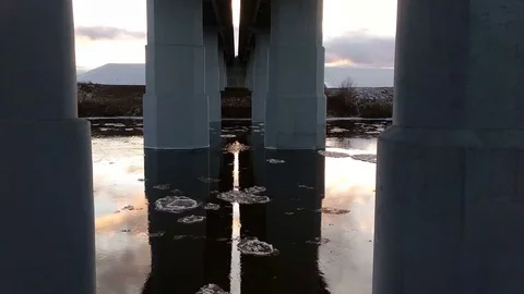 Moving ice floes under the bridge Stock Footage 85309340