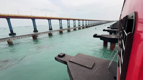 Moving Indian Express Train Crossing Pamban Bridge over Ocean. Stock Footage 346472786