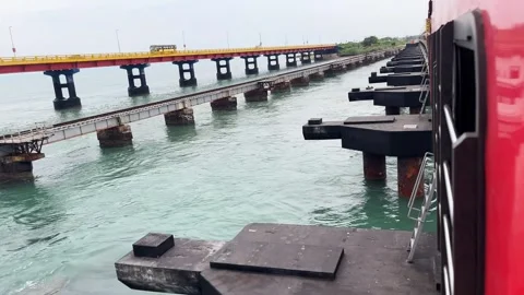 Moving Indian Express Train Window Crossing Pamban Sea Bridge. Stock Footage 346472787