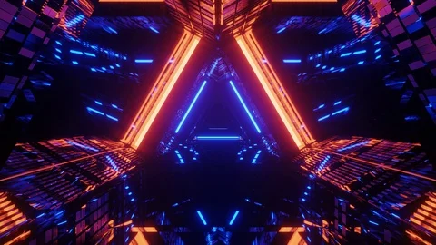 Moving into infinity multicolored illuminated tunnel with triangular shape Stock Footage 126204800