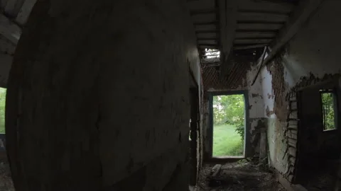 Moving inside the old destroyed abandoned wooden house in countryside, Belarus Stock Footage 99491079