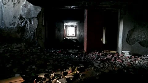 Moving inside ruined and damaged buildin... | Stock Video | Pond5