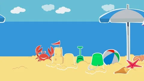 Moving landscape of  sandy beach with sand castle and beach toys 스톡 동영상 99692801