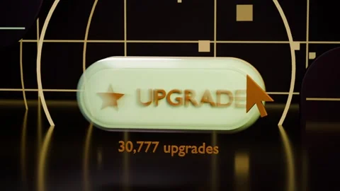 Moving large arrow cursor pressing cream UPGRADE button on black studio, Stock Footage 339194066