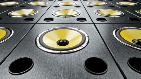 Moving left to right over audio speakers yellow membranes playing modern music Video stock 122051411