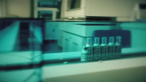 Moving line with test tubes. PCR Test Covid 19, Antibody test Stock Footage 149374097