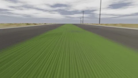 Moving low camera rolling down rural 2-lane road, showing green strip, poles Stock Footage 344173830