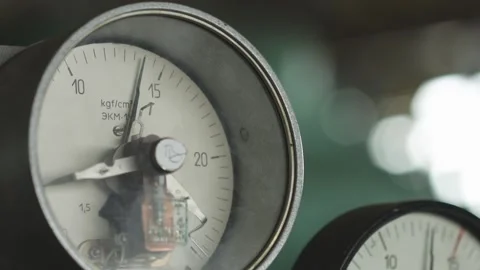 Moving Manometer gauge sensor arrow close-up on production shop floor Stock Footage 222630441