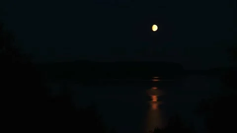 Moving Moon With Reflection Over Lake, Dark Night in Northern Europe, Timelapse Vídeos de archivo 213227582