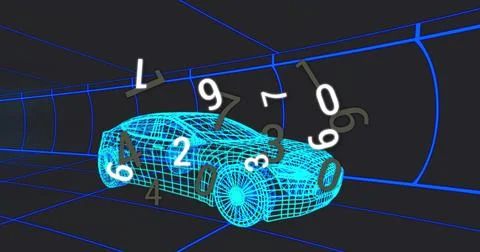 Moving neon-blue wireframe car model through virtual grid tunnel, with floating Stockillustratie