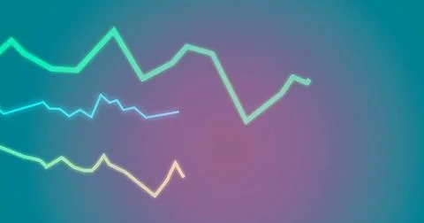 Moving neon-colored zigzag lines traversing digital gradient backdrop from teal 写真素材