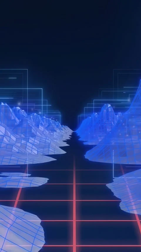 Moving neon corridor flanking blue wireframe ridges advancing toward distant Stock Footage 331168688