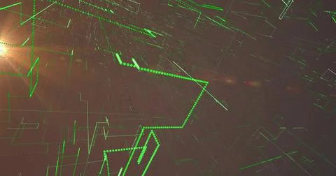 Moving neon green dotted polylines forming angular pathway across virtual 3D 스톡 일러스트