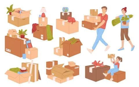 Moving to a new home set of elements and characters, flat vector isolated. イラスト素材