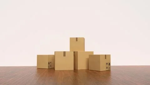 Moving to a new house concept. Empty room with cardboard boxes. 3D rendered i 스톡 일러스트