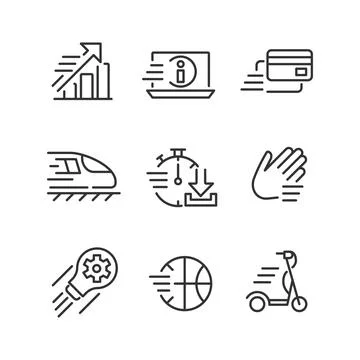 Moving objects pixel perfect linear icons set Illustrazione stock