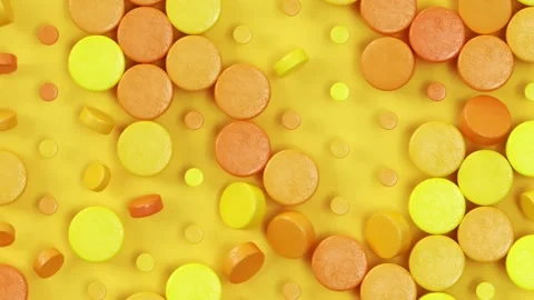 Moving orange circles on yellow background, trendy minimal 3d looping animation Video stock 158791420