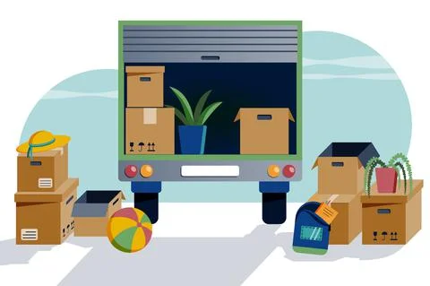Moving out vector illustration. Van or truck with open back sliding door. Stock Illustration