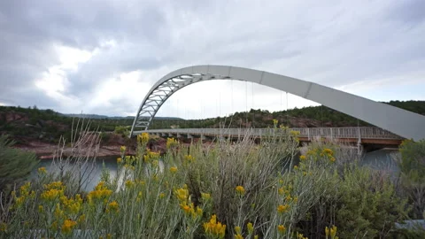 Moving over the brush looking at the Cart Creek Bridge at Flaming Gorge Stock Footage 211825447